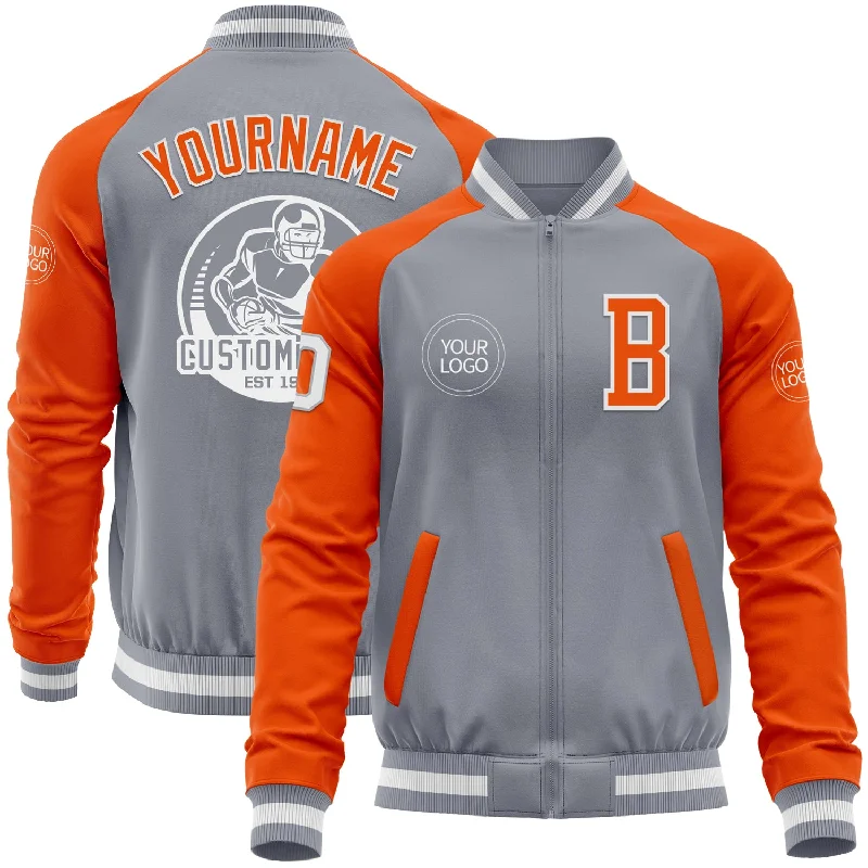 fishing rod combos for saltwater-Custom Gray White-Orange Bomber Varsity Letterman Two Tone Zipper Jacket