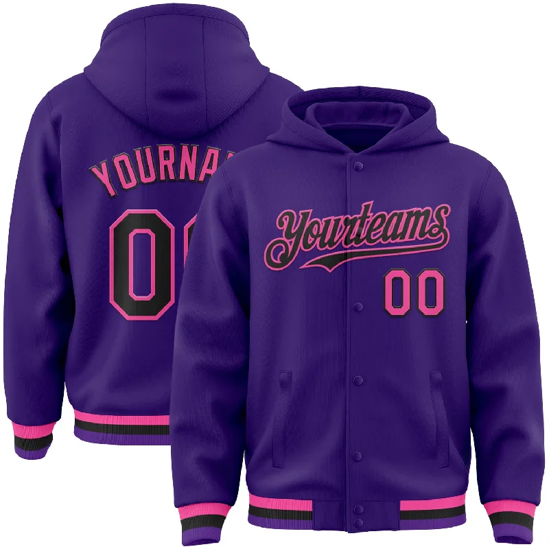 fishing hooks for beginners-Custom Purple Black-Pink Bomber Full-Snap Varsity Letterman Hoodie Jacket