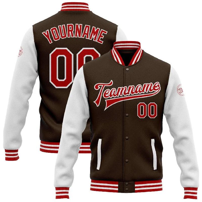 fishing waders for saltwater fishing-Custom Brown Red-White Bomber Full-Snap Varsity Letterman Two Tone Jacket