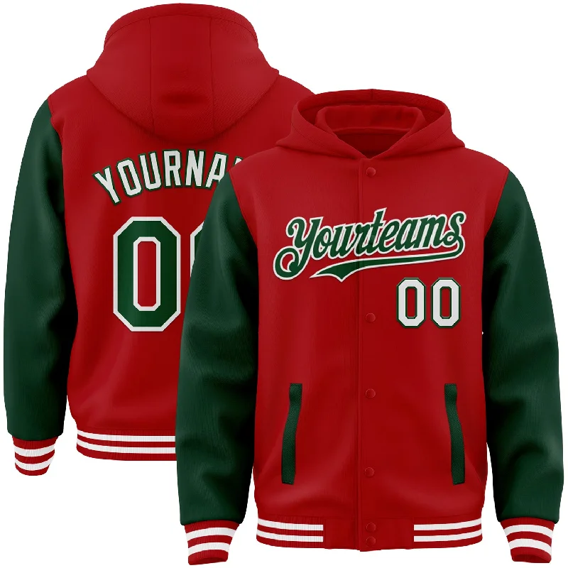 fishing hooks for trout fishing-Custom Red Green-White Bomber Full-Snap Varsity Letterman Two Tone Hoodie Jacket