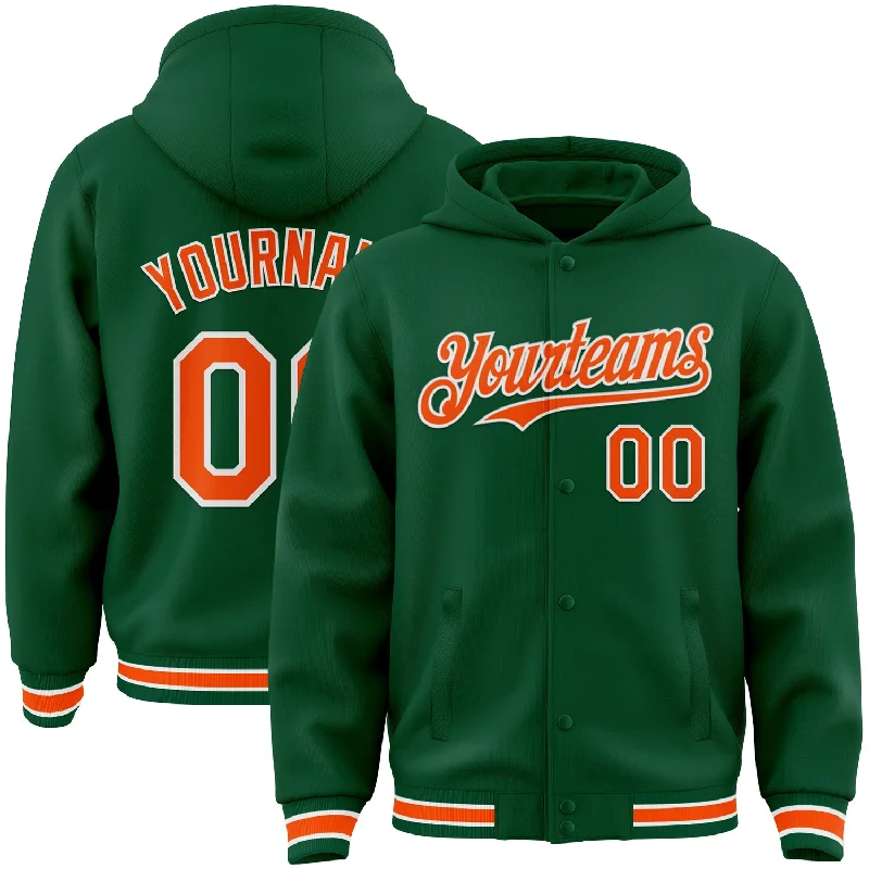 fishing hooks for freshwater-Custom Kelly Green Orange-White Bomber Full-Snap Varsity Letterman Hoodie Jacket