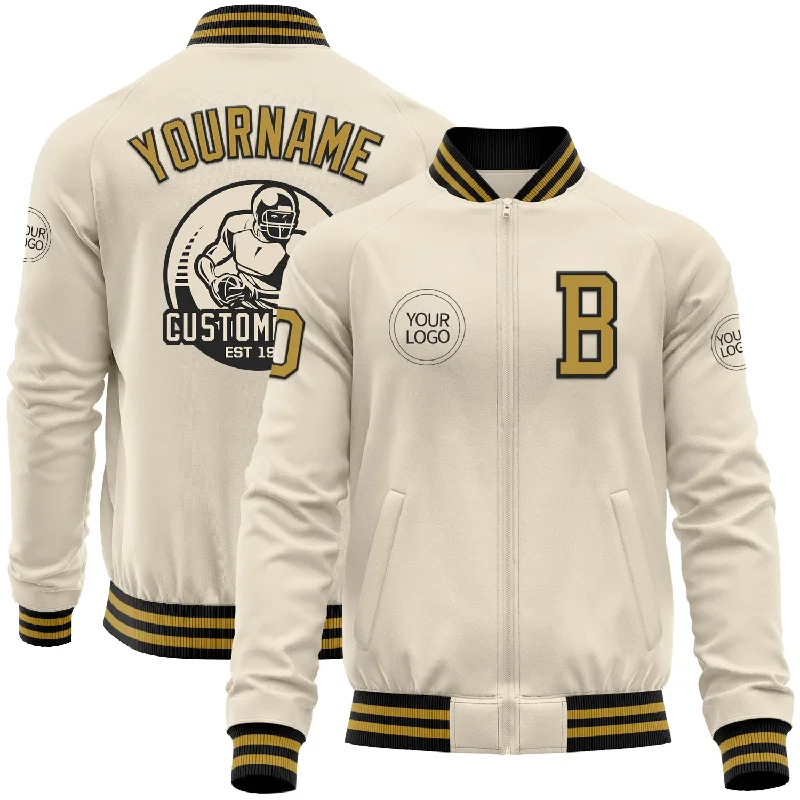 fishing kayaks for saltwater-Custom Cream Old Gold-Black Bomber Varsity Letterman Zipper Jacket