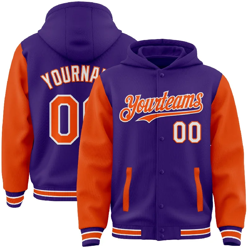 fishing line for ice fishing rods-Custom Purple Orange-White Bomber Full-Snap Varsity Letterman Two Tone Hoodie Jacket