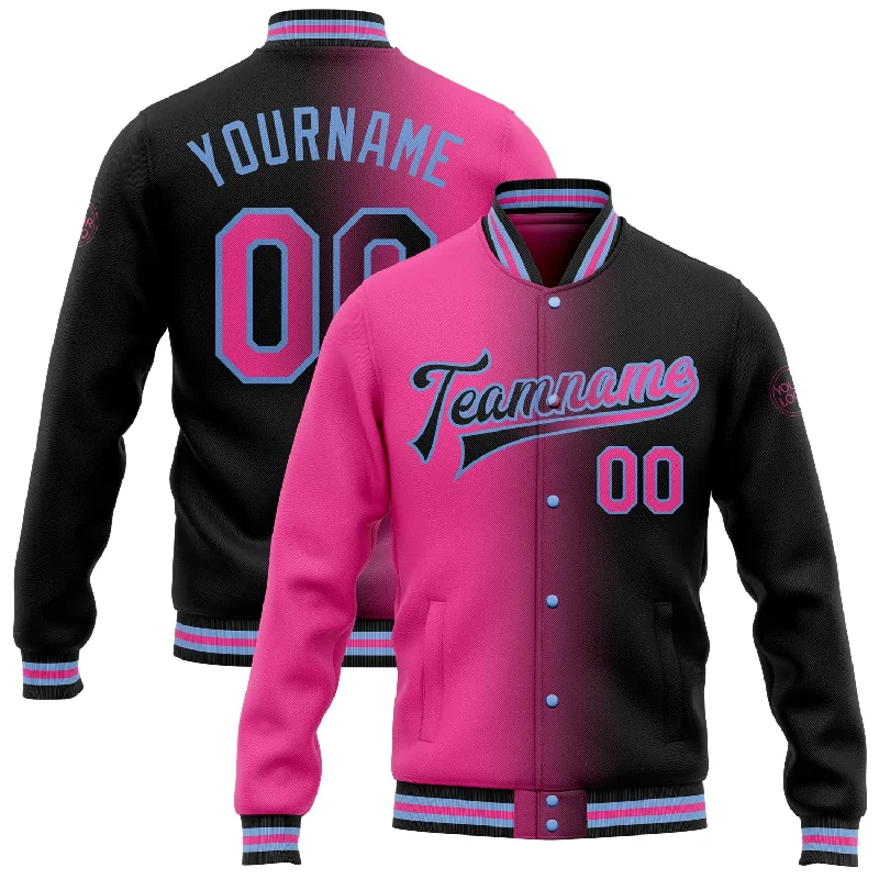 fishing rod racks-Custom Black Pink-Light Blue Bomber Full-Snap Varsity Letterman Gradient Fashion Jacket