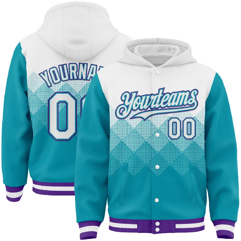 fishing gloves waterproof-Custom White Teal-Purple Gradient Square Shape 3D Pattern Design Bomber Full-Snap Varsity Letterman Hoodie Jacket