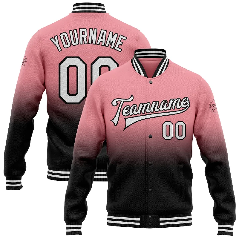 spinning reels for catfish-Custom Medium Pink White-Black Bomber Full-Snap Varsity Letterman Fade Fashion Jacket