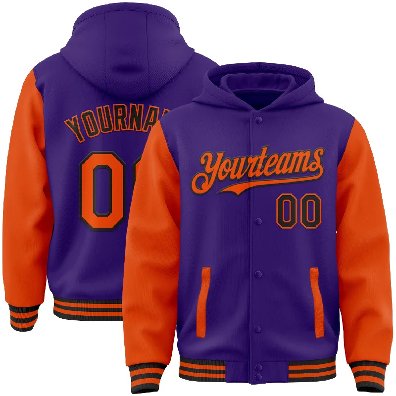 fishing rod holders for ice fishing-Custom Purple Orange-Black Bomber Full-Snap Varsity Letterman Two Tone Hoodie Jacket