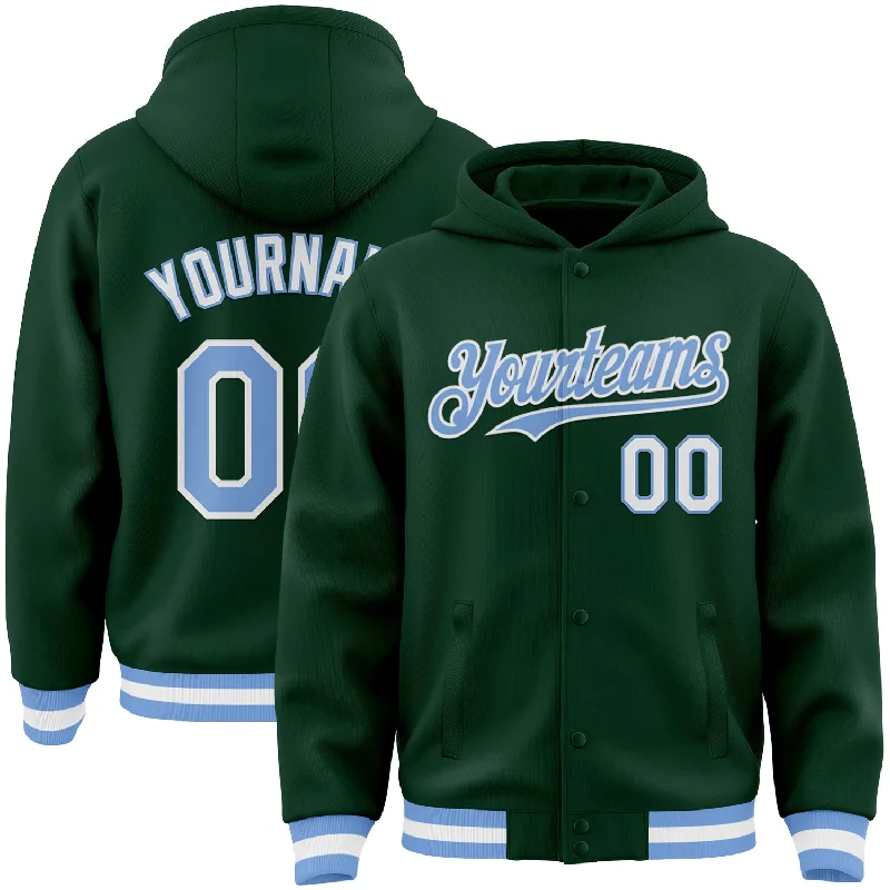 fishing rod combos for sale-Custom Green Light Blue-White Bomber Full-Snap Varsity Letterman Hoodie Jacket