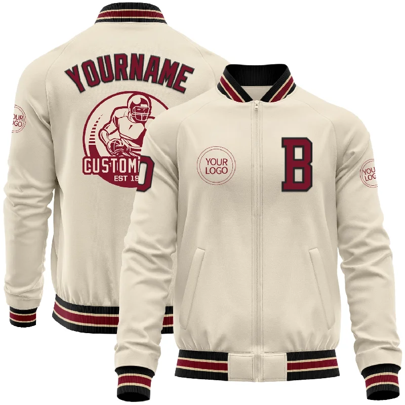 fishing knots for monofilament-Custom Cream Crimson Black-City Cream Bomber Varsity Letterman Zipper Jacket