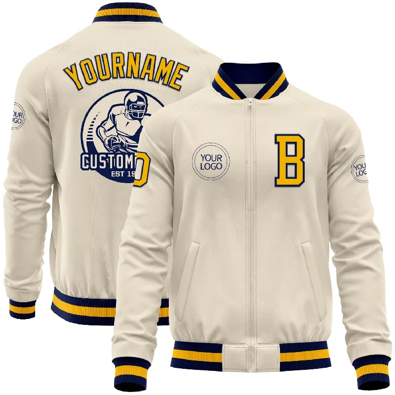 fishing line for freshwater-Custom Cream Gold-Navy Bomber Varsity Letterman Zipper Jacket