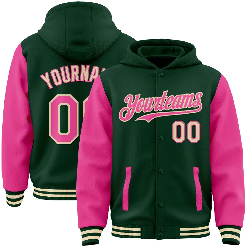 fishing kayaks for trout-Custom Green Pink-Cream Bomber Full-Snap Varsity Letterman Two Tone Hoodie Jacket