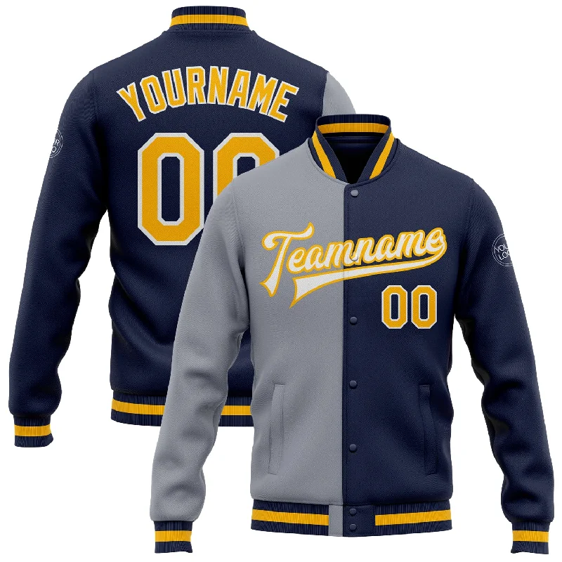 fishing tackle for catfish-Custom Navy Gold-Gray Bomber Full-Snap Varsity Letterman Split Fashion Jacket