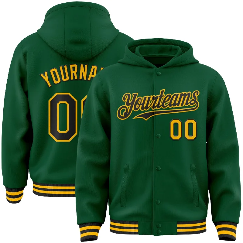 fishing line for shallow water-Custom Kelly Green Black-Gold Bomber Full-Snap Varsity Letterman Hoodie Jacket