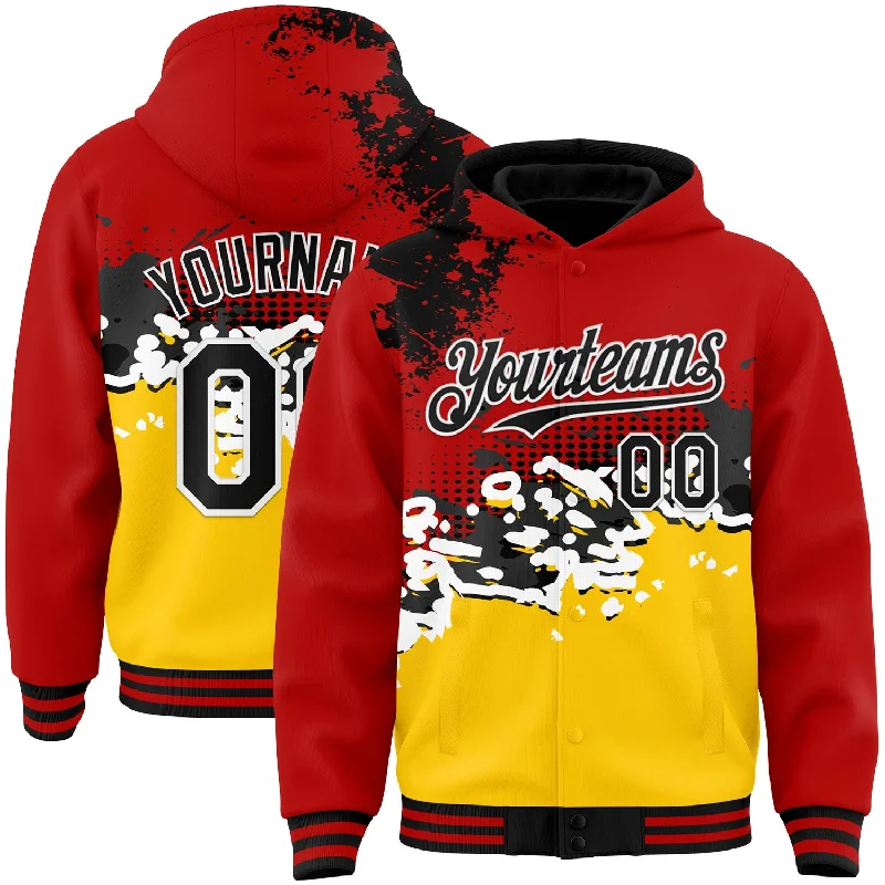 fishing hooks for women fishing-Custom Red Black-Gold Abstract Splash Grunge Art 3D Pattern Design Bomber Full-Snap Varsity Letterman Hoodie Jacket