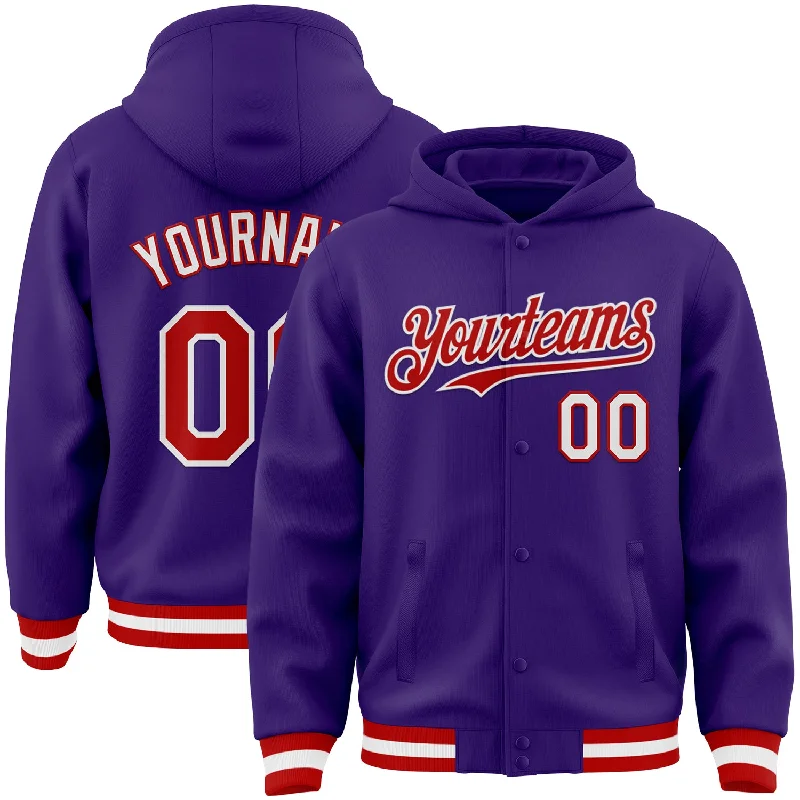 bass fishing lures-Custom Purple Red-White Bomber Full-Snap Varsity Letterman Hoodie Jacket