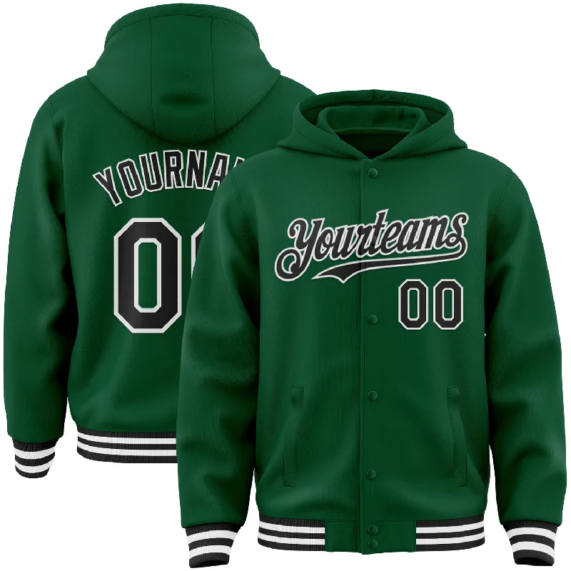 fishing rod reel combos-Custom Kelly Green Black-White Bomber Full-Snap Varsity Letterman Hoodie Jacket