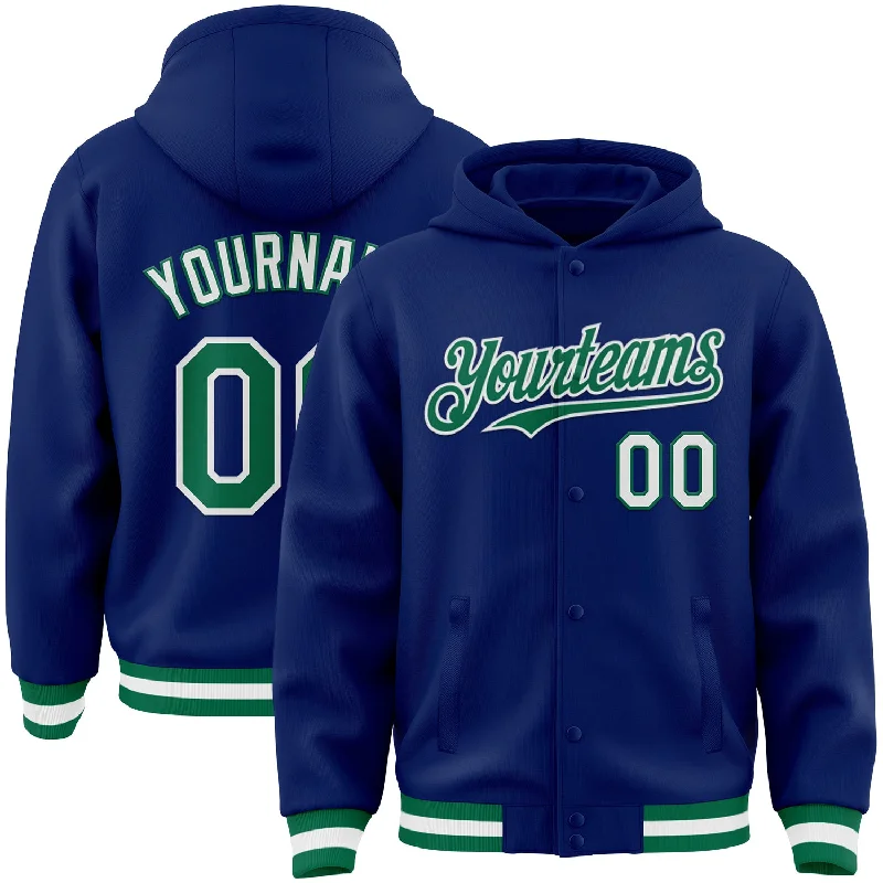 fishing bait for deep sea-Custom Royal Kelly Green-White Bomber Full-Snap Varsity Letterman Hoodie Jacket