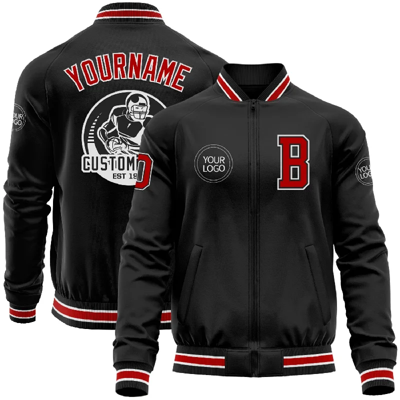 fishing rod holders-Custom Black Red-White Bomber Varsity Letterman Zipper Jacket