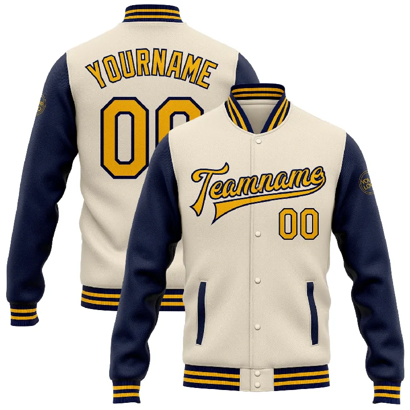 fishing reels for trout fishing-Custom Cream Gold-Navy Bomber Full-Snap Varsity Letterman Two Tone Jacket