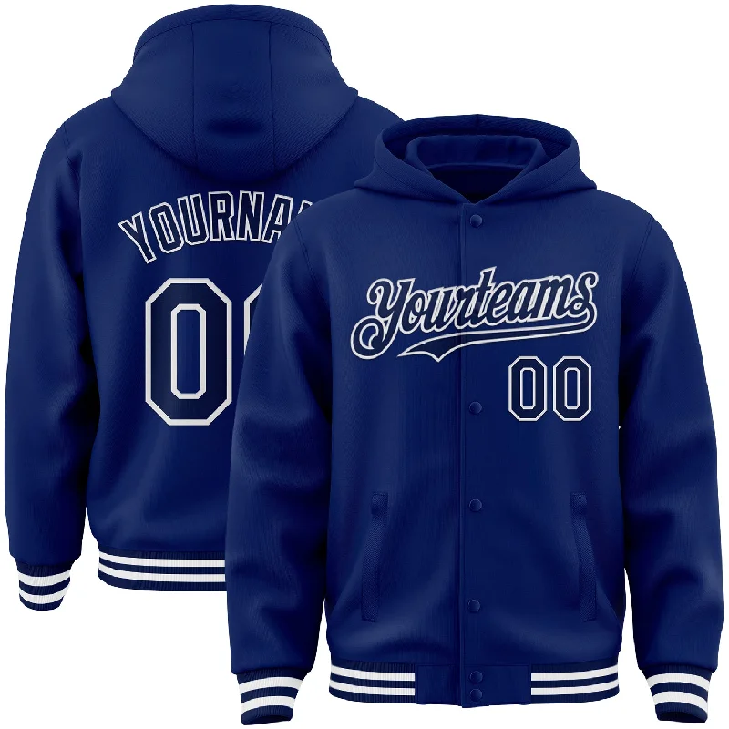 fishing waders for saltwater-Custom Royal Navy-White Bomber Full-Snap Varsity Letterman Hoodie Jacket