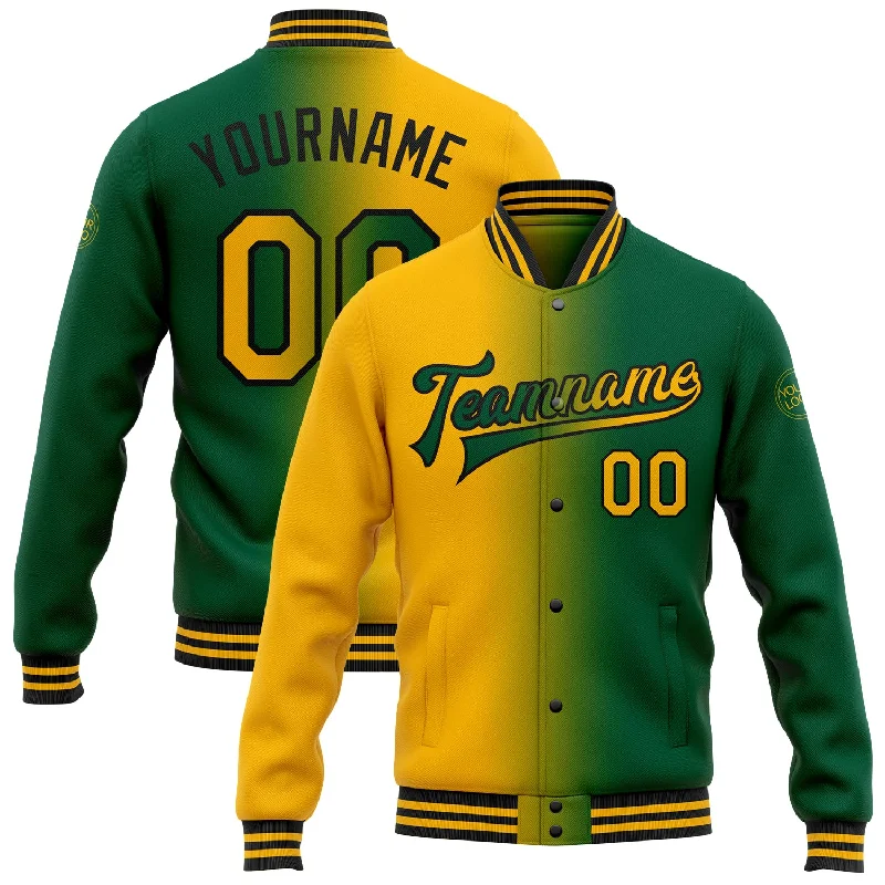 fishing bait for fly fishing-Custom Kelly Green Gold-Black Bomber Full-Snap Varsity Letterman Gradient Fashion Jacket