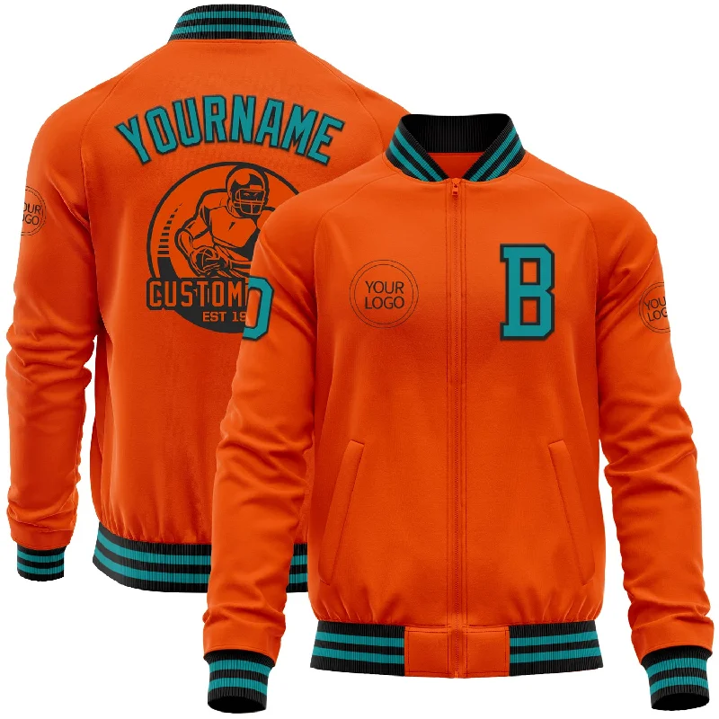 fishing nets for fly fishing-Custom Orange Teal-Black Bomber Varsity Letterman Zipper Jacket