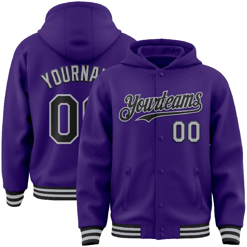 fishing bait for saltwater-Custom Purple Black-Gray Bomber Full-Snap Varsity Letterman Hoodie Jacket