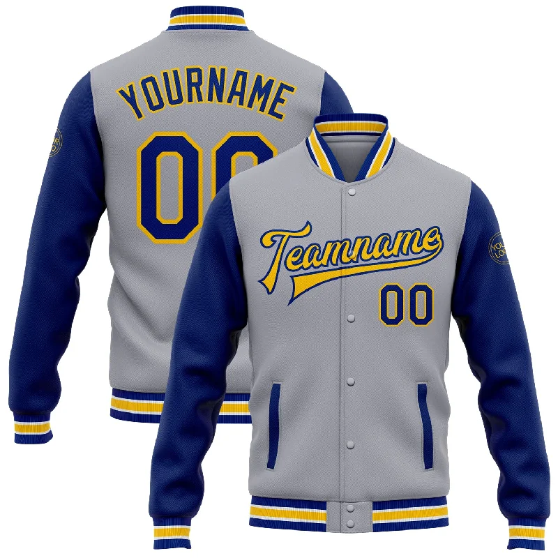 fishing hooks for ice fishing-Custom Gray Royal-Yellow Bomber Full-Snap Varsity Letterman Two Tone Jacket