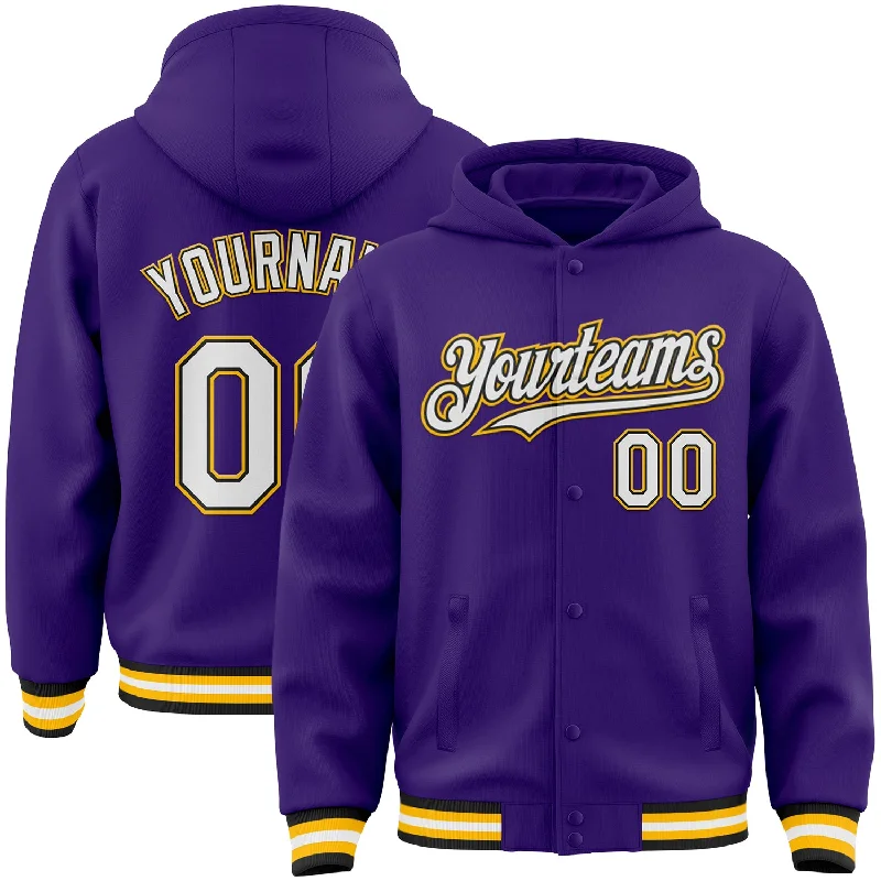 fishing waders chest high-Custom Purple Black-Gold Bomber Full-Snap Varsity Letterman Hoodie Jacket