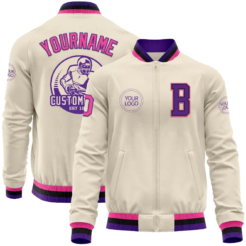 fishing rod reels for beginners-Custom Cream Pink Purple-Black Bomber Varsity Letterman Zipper Jacket