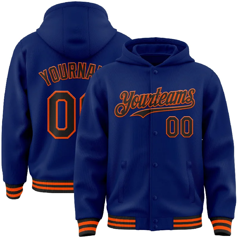 fishing gloves for bass-Custom Royal Black-Orange Bomber Full-Snap Varsity Letterman Hoodie Jacket