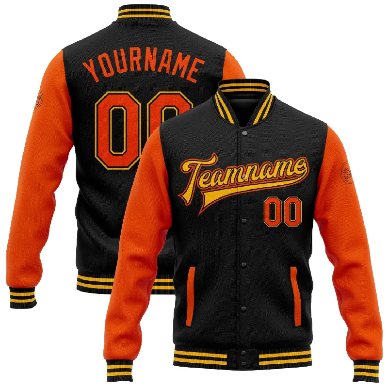 fishing line for spinning reels-Custom Black Orange-Gold Bomber Full-Snap Varsity Letterman Two Tone Jacket