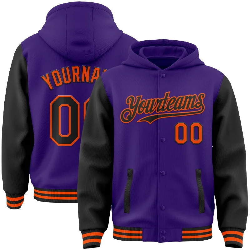 fishing bait for carp-Custom Purple Black-Orange Bomber Full-Snap Varsity Letterman Two Tone Hoodie Jacket