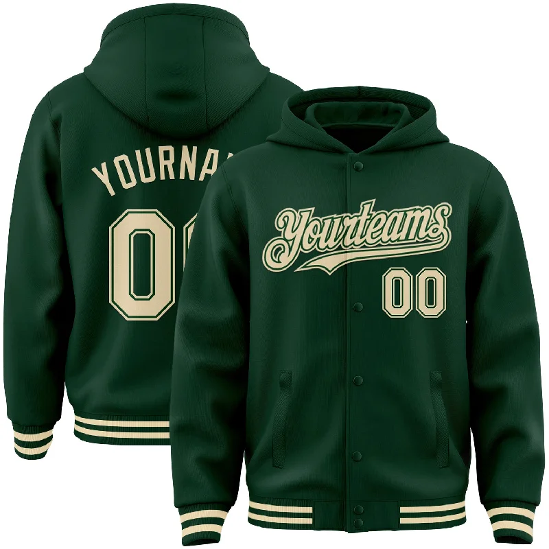 fishing line for truck fishing-Custom Green Cream Bomber Full-Snap Varsity Letterman Hoodie Jacket