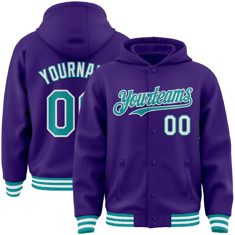 fishing tackle boxes-Custom Purple Teal-White Bomber Full-Snap Varsity Letterman Hoodie Jacket