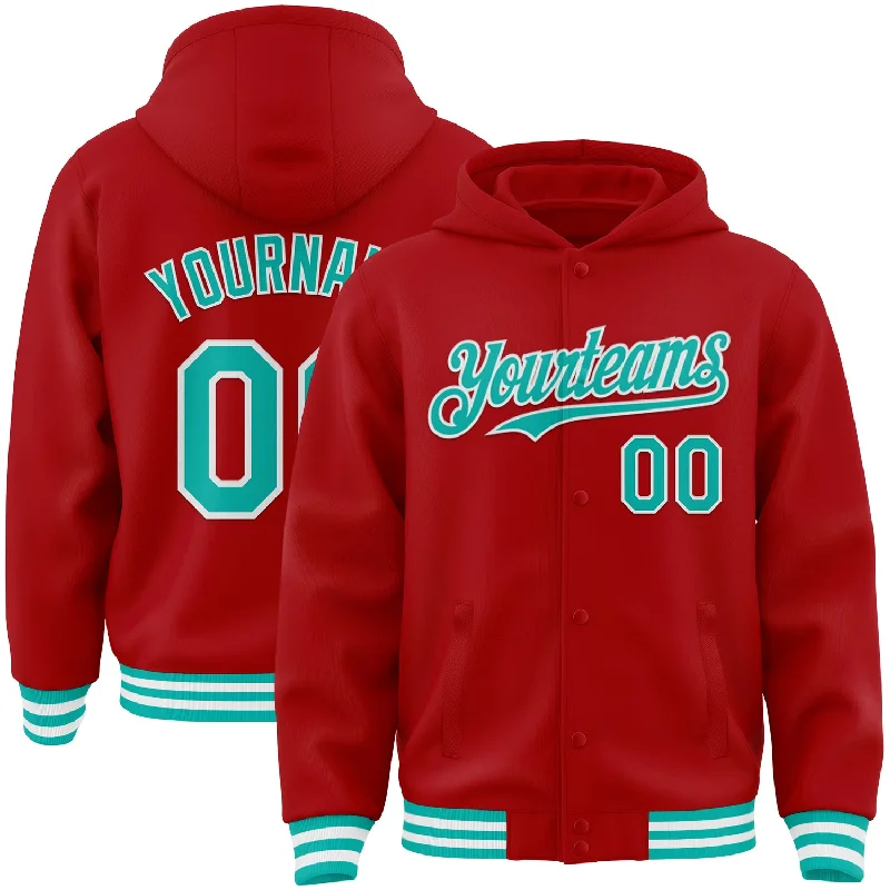 spinning reels for deep sea fishing-Custom Red Aqua-White Bomber Full-Snap Varsity Letterman Hoodie Jacket