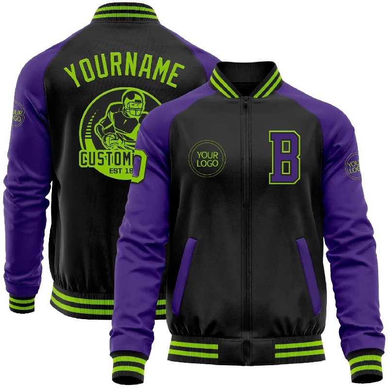 catfish fishing bait homemade-Custom Black Neon Green-Purple Bomber Varsity Letterman Two Tone Zipper Jacket