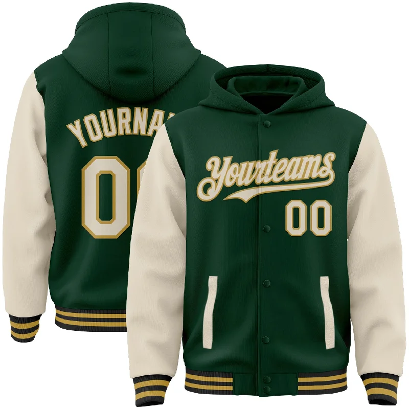 fishing rod holders for boats-Custom Green Cream Old Gold-Black Bomber Full-Snap Varsity Letterman Two Tone Hoodie Jacket