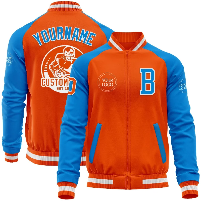 fishing kayaks for carp-Custom Orange White-Powder Blue Bomber Varsity Letterman Two Tone Zipper Jacket