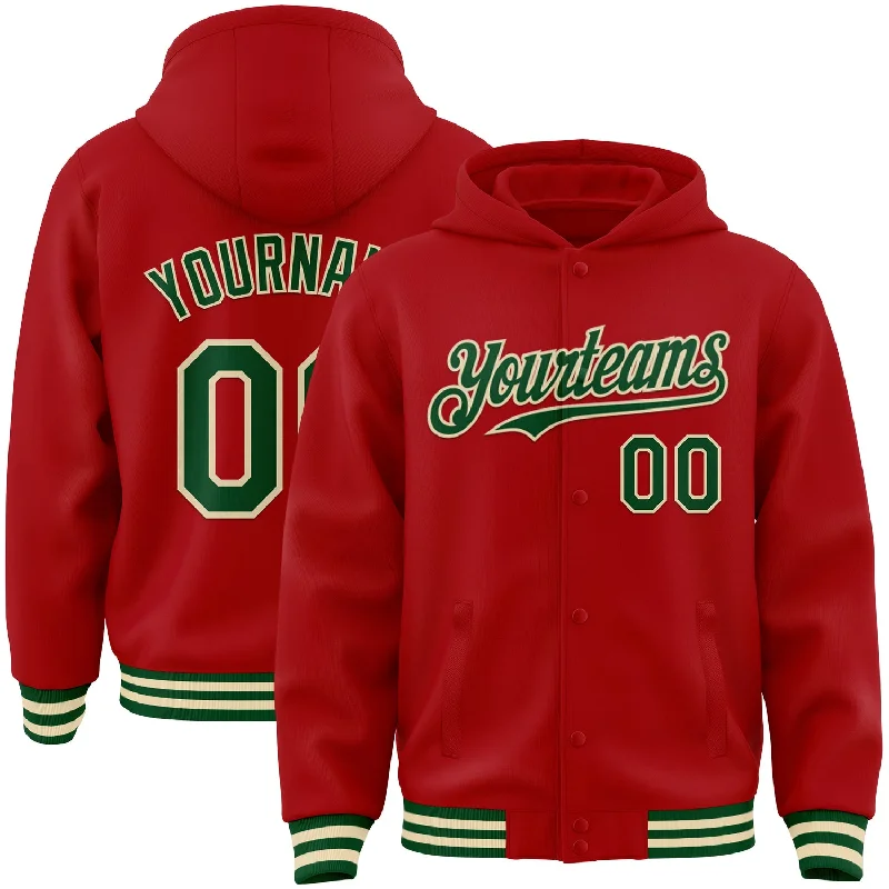 fishing boats for kids fishing-Custom Red Green-Cream Bomber Full-Snap Varsity Letterman Hoodie Jacket