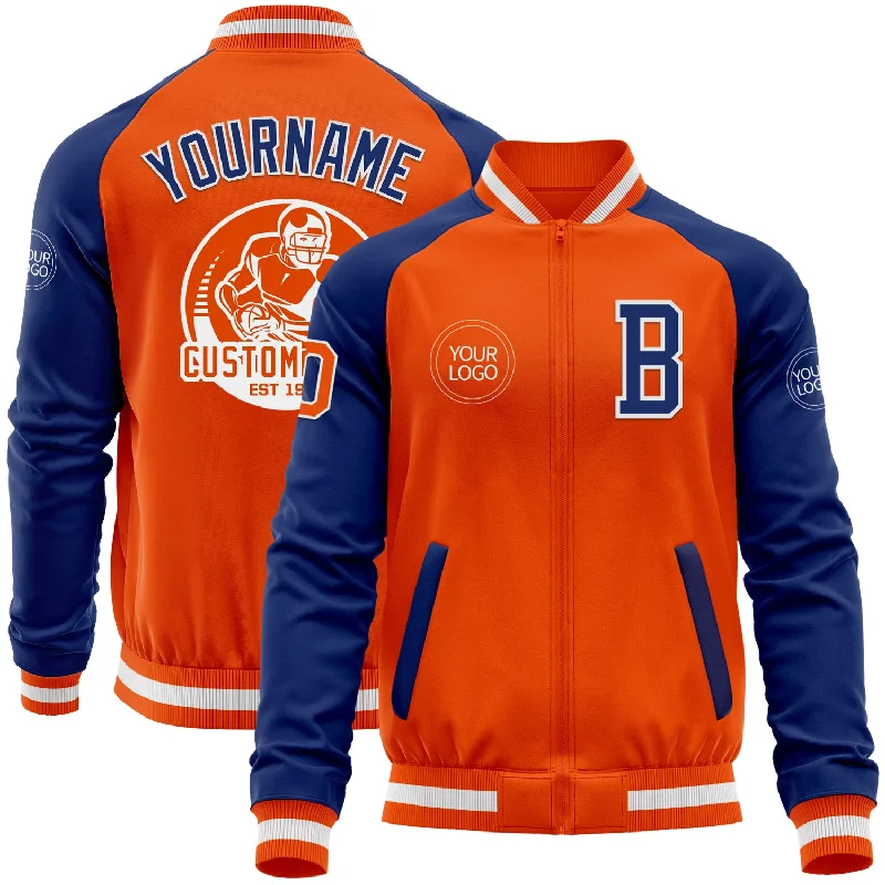 fishing line for kids fishing-Custom Orange White-Royal Bomber Varsity Letterman Two Tone Zipper Jacket