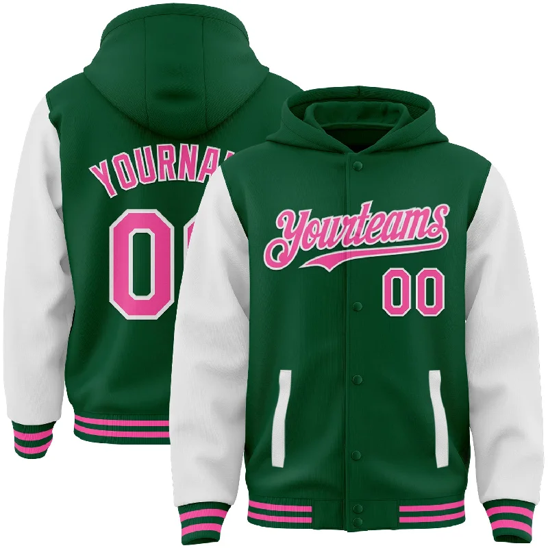 fishing boats with trolling motors-Custom Kelly Green Pink-White Bomber Full-Snap Varsity Letterman Two Tone Hoodie Jacket