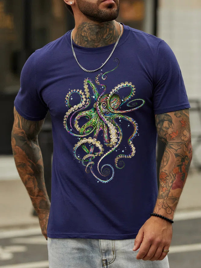 catfish fishing rods for women-Men's Casual Personality Octopus Print Crew Neck T-Shirt