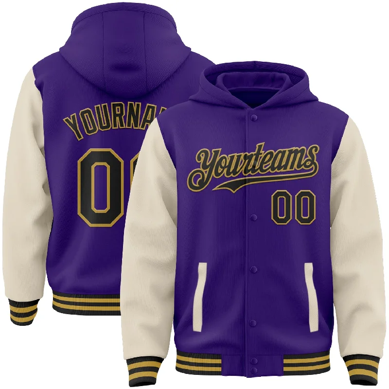 carp fishing tackle sets-Custom Purple Black Cream-Old Gold Bomber Full-Snap Varsity Letterman Two Tone Hoodie Jacket