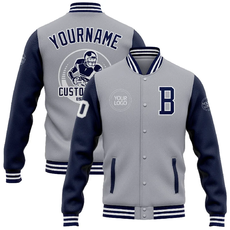 fishing gloves for deep sea-Custom Gray Navy-White Bomber Full-Snap Varsity Letterman Two Tone Jacket