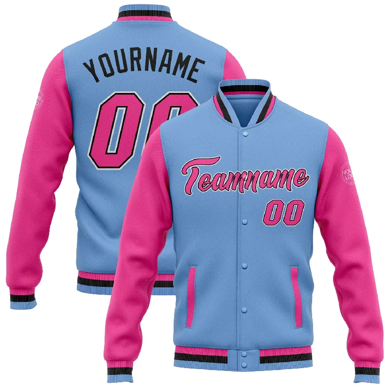 fishing reels for heavy fish-Custom Light Blue Pink-Black Bomber Full-Snap Varsity Letterman Two Tone Jacket