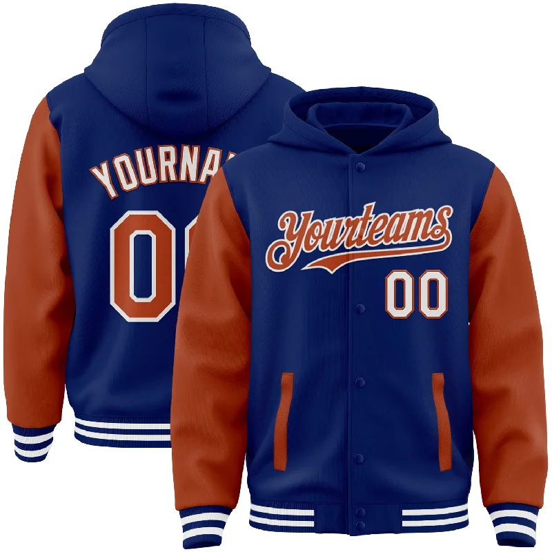 fishing bait for trout-Custom Royal Texas Orange-White Bomber Full-Snap Varsity Letterman Two Tone Hoodie Jacket