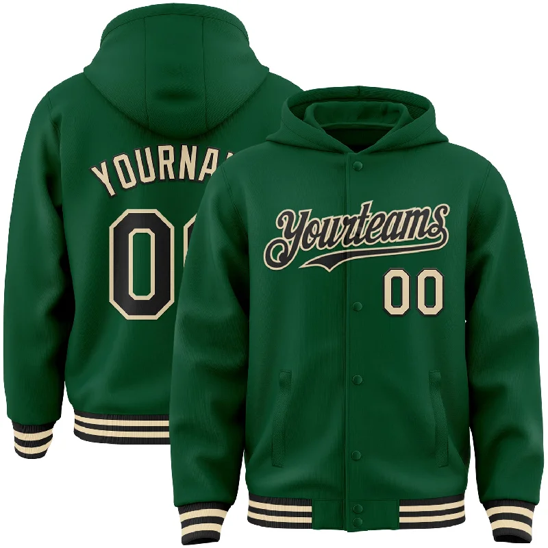 fishing line for carp fishing-Custom Kelly Green Black-Cream Bomber Full-Snap Varsity Letterman Hoodie Jacket