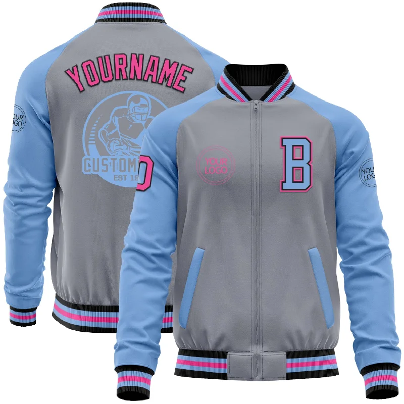 fishing knots for saltwater fishing-Custom Gray Pink Black-Light Blue Bomber Varsity Letterman Two Tone Zipper Jacket