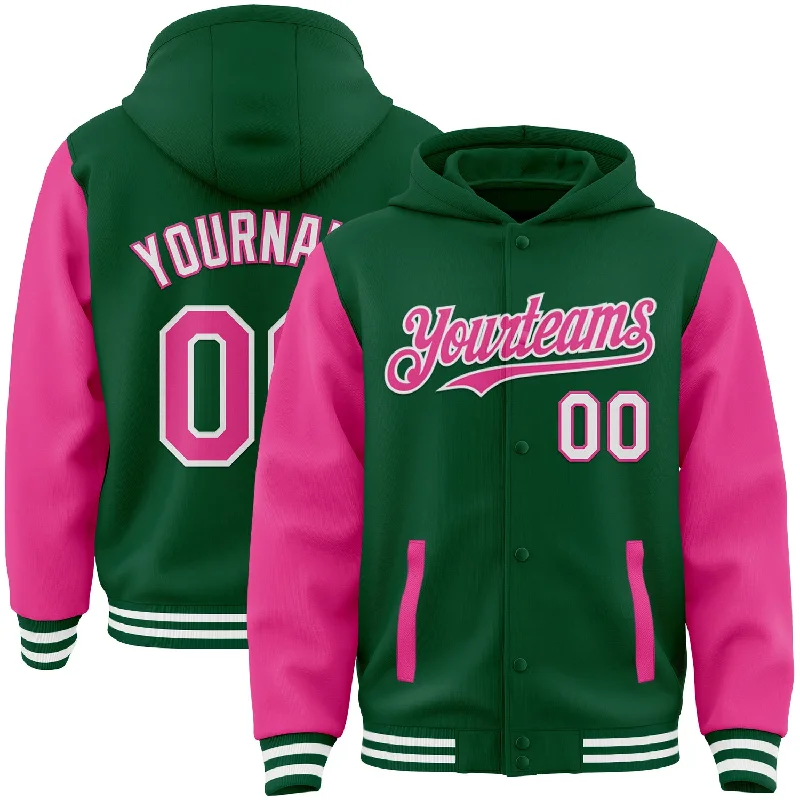 fishing tackle for deep sea-Custom Kelly Green Pink-White Bomber Full-Snap Varsity Letterman Two Tone Hoodie Jacket